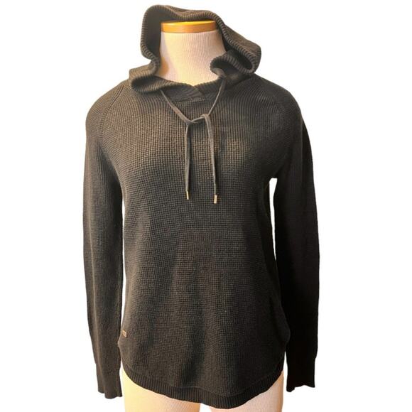 Lauren Ralph Lauren Waffle Knit Hoodie Curved Hem S Black Gorpcore Cozy Weekend - Picture 1 of 11